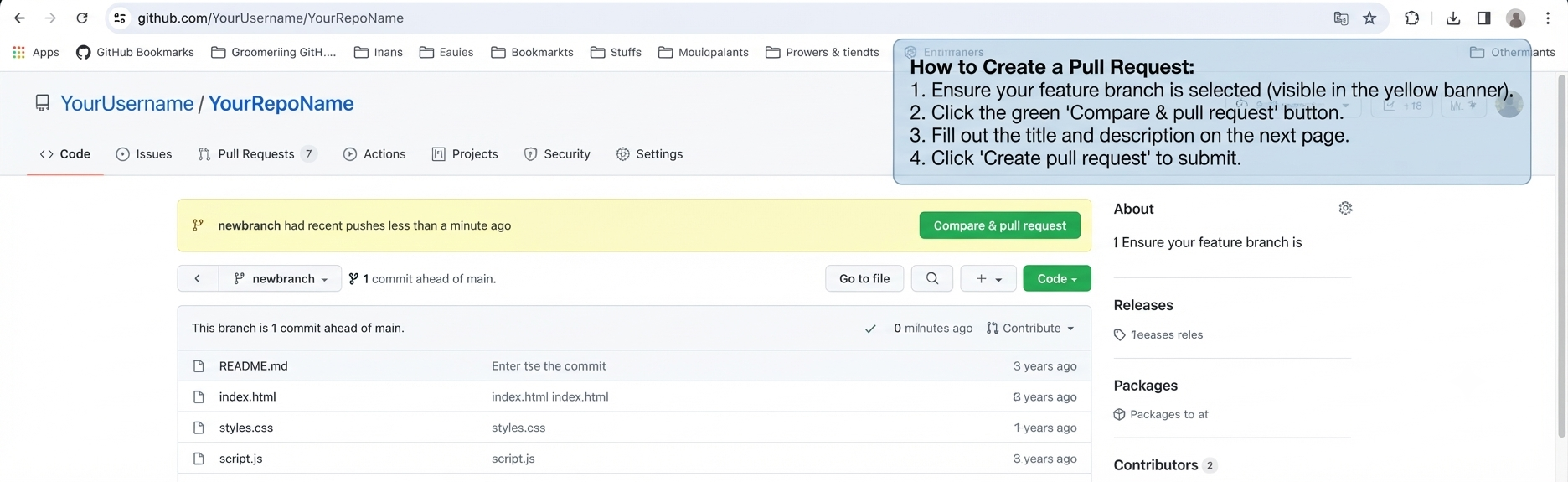 GitHub Pull Request interface showing branch selection