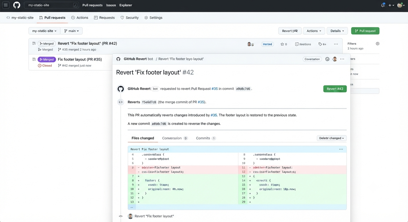 GitHub Pull Request showing the Revert option